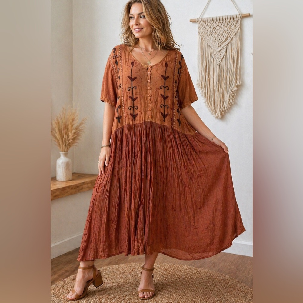M.P.H. Embroidered Boho Midi Dress – Rust Brown 2X